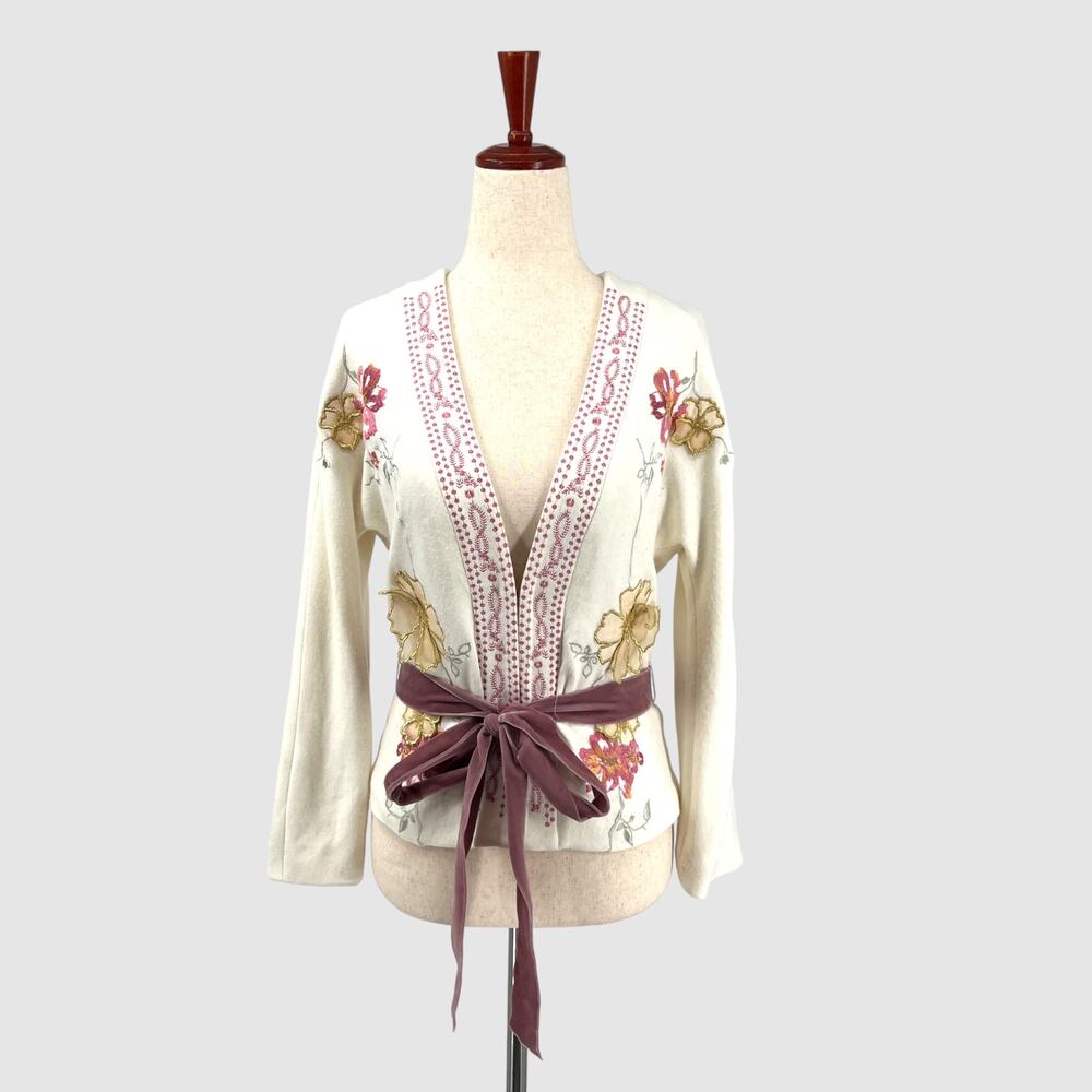 Vintage Y2k Parameter Embroidered Floral Cardigan with Velvet Belt Size Medium
